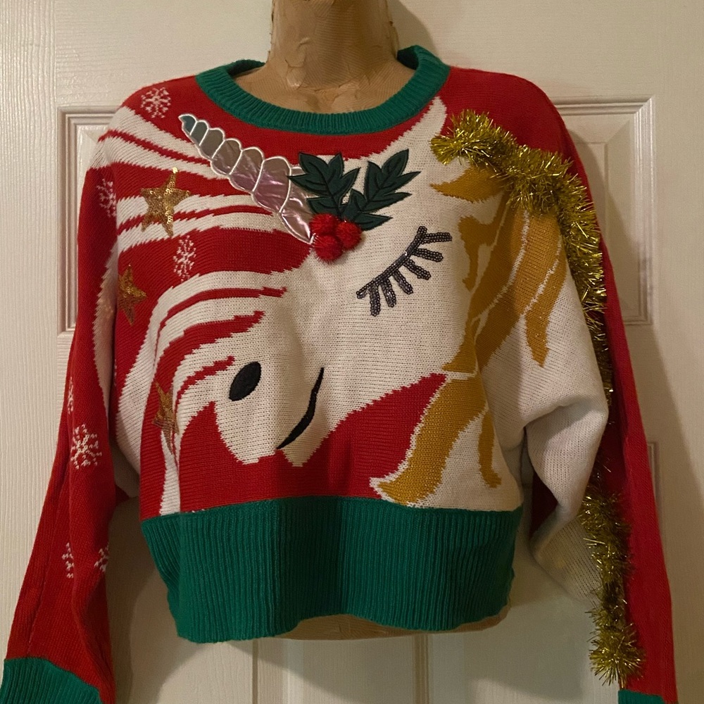 Ugly Christmas Sweater Unicorn Sweater Crop Too